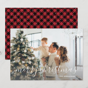 Tarjeta Festiva Black Red Buffala Plaid Photo Merry Christmas