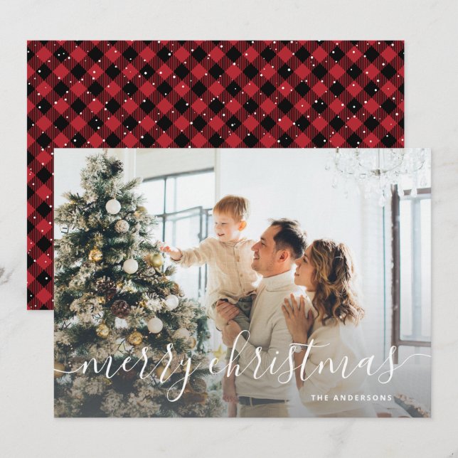 Tarjeta Festiva Black Red Buffala Plaid Photo Merry Christmas (Anverso / Reverso)
