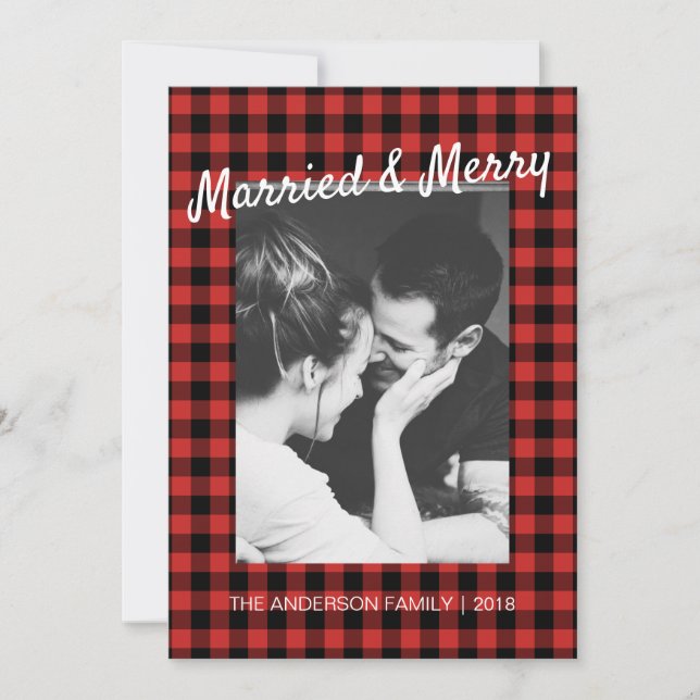 Tarjeta Festiva Black Red Gingham Married Merry Gracias Foto (Anverso)