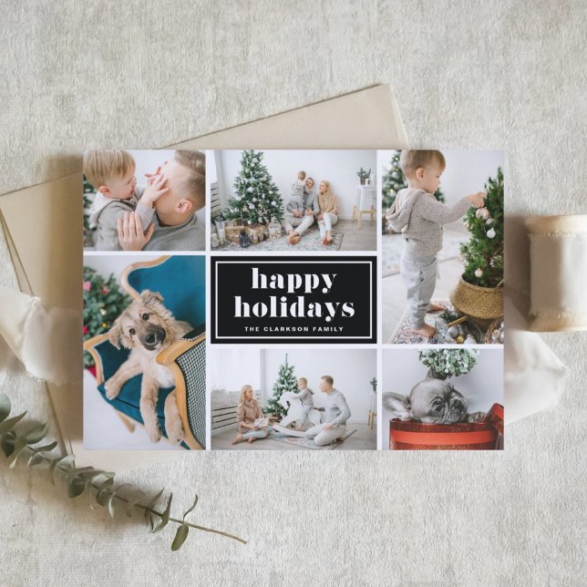 Tarjeta Festiva Black Retro Bold Typography Photo Collage (Customizable photo collage happy holidays card featuring retro typography and a black background.)