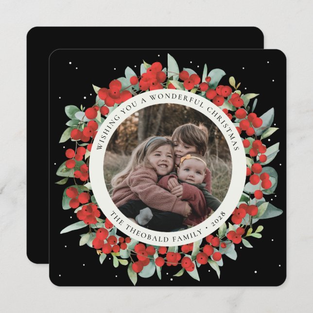 Tarjeta Festiva Black Round/Square Red Berries+Eucalyptus Photo (Anverso / Reverso)