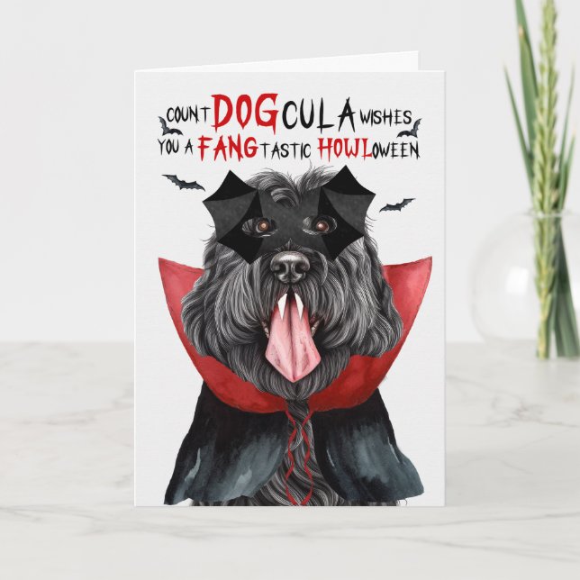 Tarjeta Festiva Black Russian Dog Funny Count DOGcula Halloween (Anverso)
