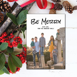Tarjeta Festiva Black Simple Script be Merry Photo Flat Card