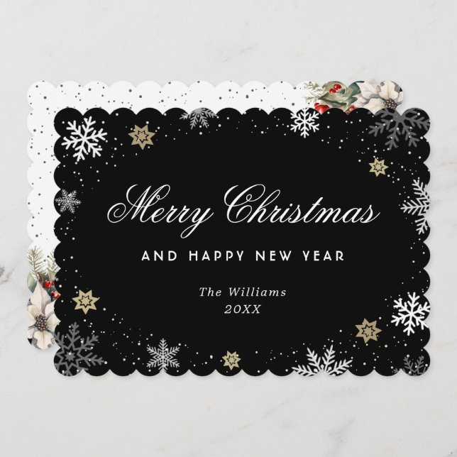 Tarjeta Festiva Black Snowflake Watercolor Botanical  (Anverso / Reverso)