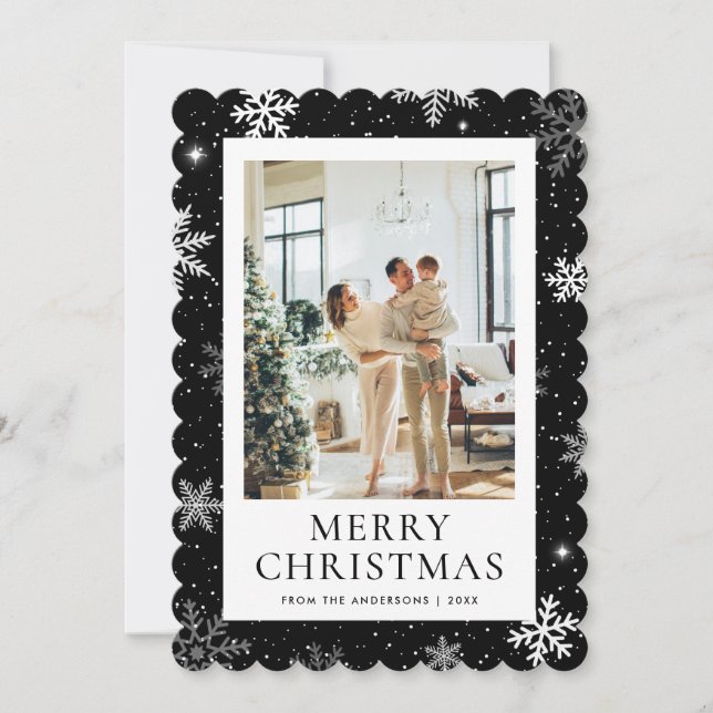 Tarjeta Festiva Black Snowowly Merry Christmas Snowflake Photo (Anverso)