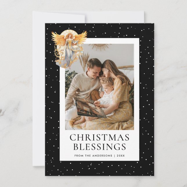 Tarjeta Festiva Black Snowy Angel Christmas Blessings Photo (Anverso)