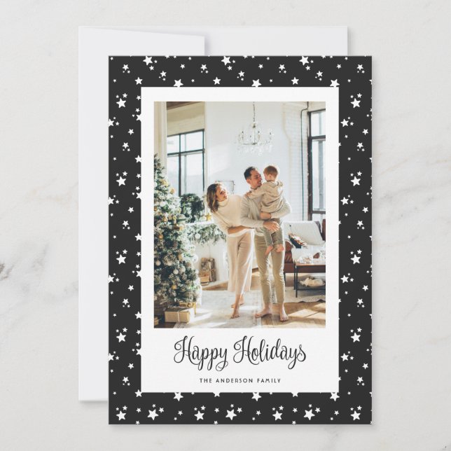 Tarjeta Festiva Black Starry Modern Photo Happy Holidays Card (Anverso)