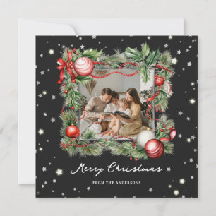 Tarjeta Festiva Black Starry Wreath Photo Merry Christmas Card