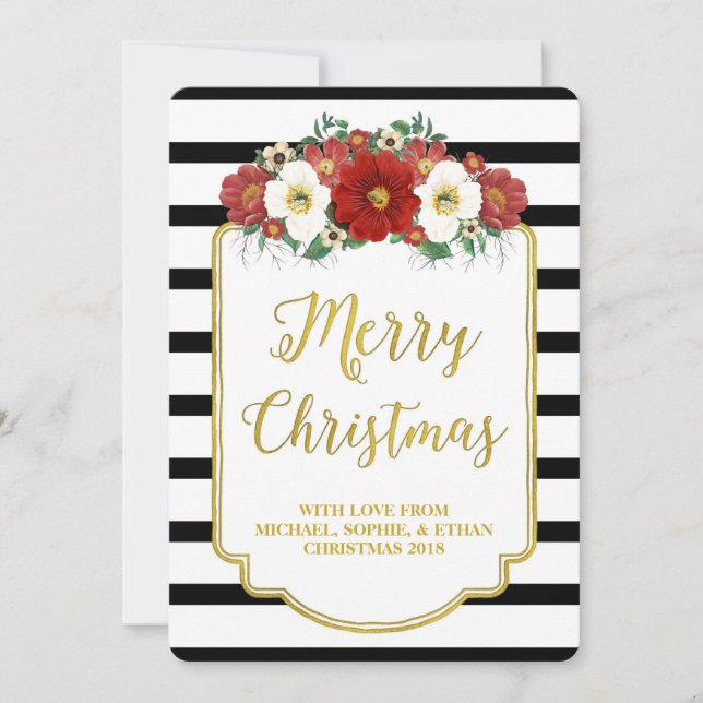 Tarjeta Festiva Black Stripes Red Flowers Feliz Christmas Card (Anverso)