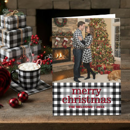 Tarjeta Festiva Black & White Buffalo Plaid Merry Christmas Photo