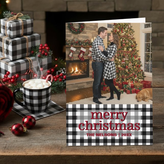 Tarjeta Festiva Black & White Buffalo Plaid Merry Christmas Photo (Subido por el creador)