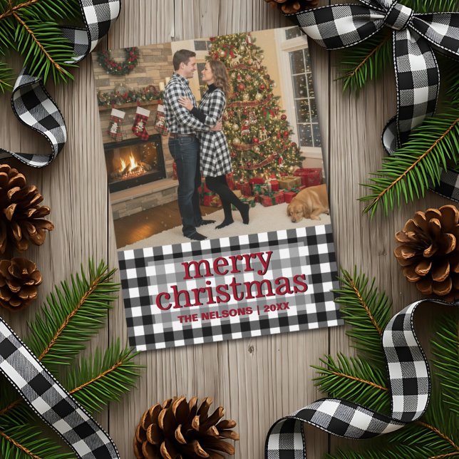 Tarjeta Festiva Black & White Buffalo Plaid Merry Christmas Photo (Subido por el creador)