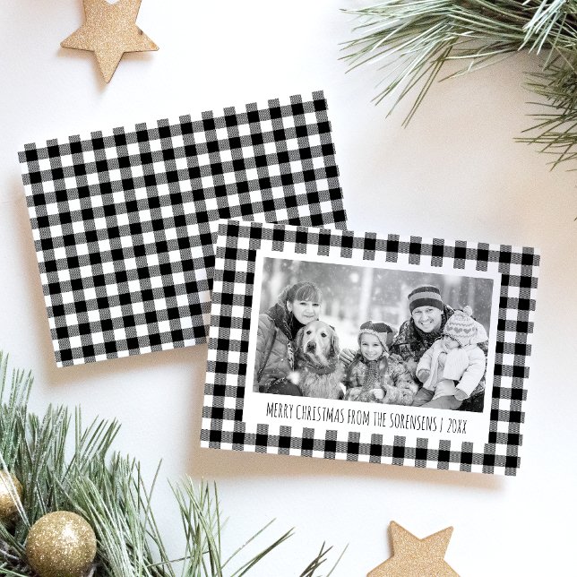 Tarjeta Festiva Black & White Buffalo Plaid Photo Christmas (Subido por el creador)