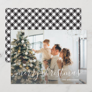 Tarjeta Festiva Black White Buffalo Plaid Photo Merry Christmas