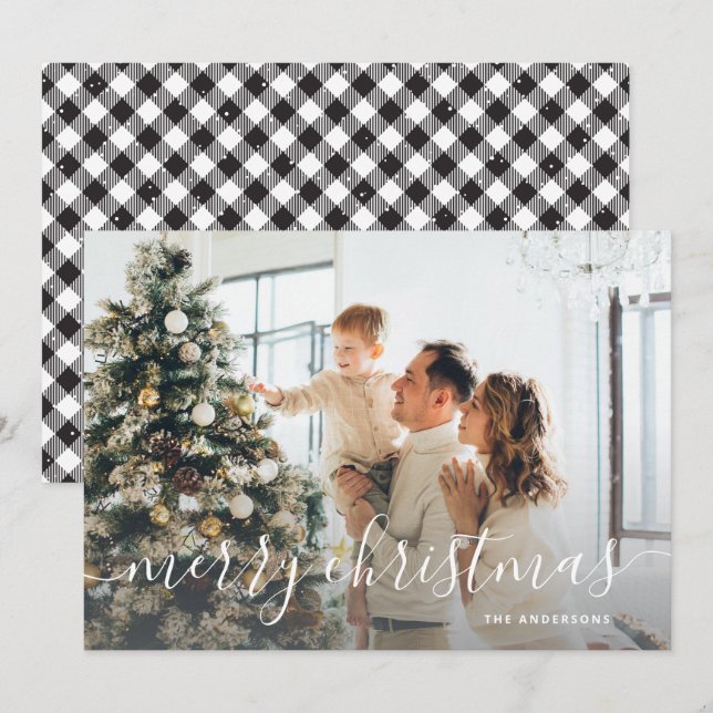 Tarjeta Festiva Black White Buffalo Plaid Photo Merry Christmas (Anverso / Reverso)