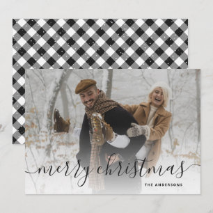 Tarjeta Festiva Black White Gingham Plaid Photo Merry Christmas