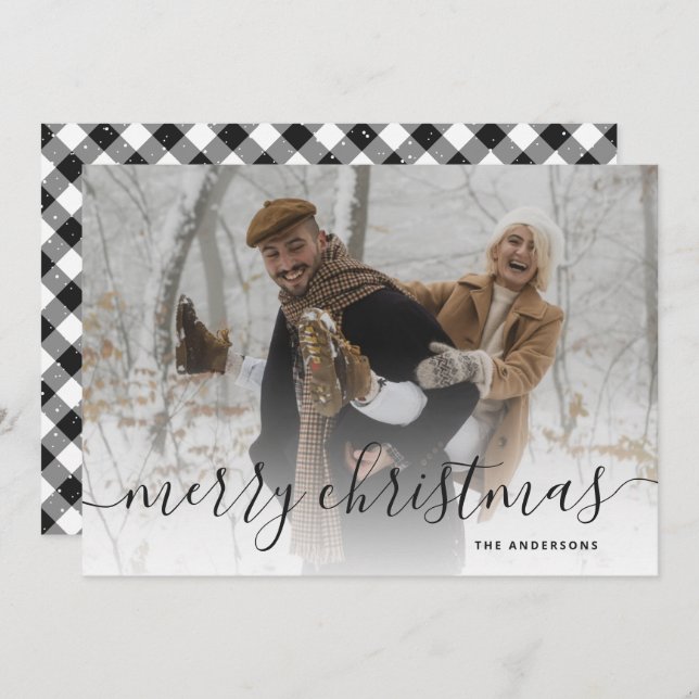 Tarjeta Festiva Black White Gingham Plaid Photo Merry Christmas (Anverso / Reverso)