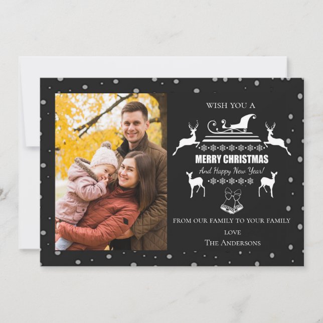 Tarjeta Festiva Black White Merry Christmas Happy New Year Photo (Anverso)