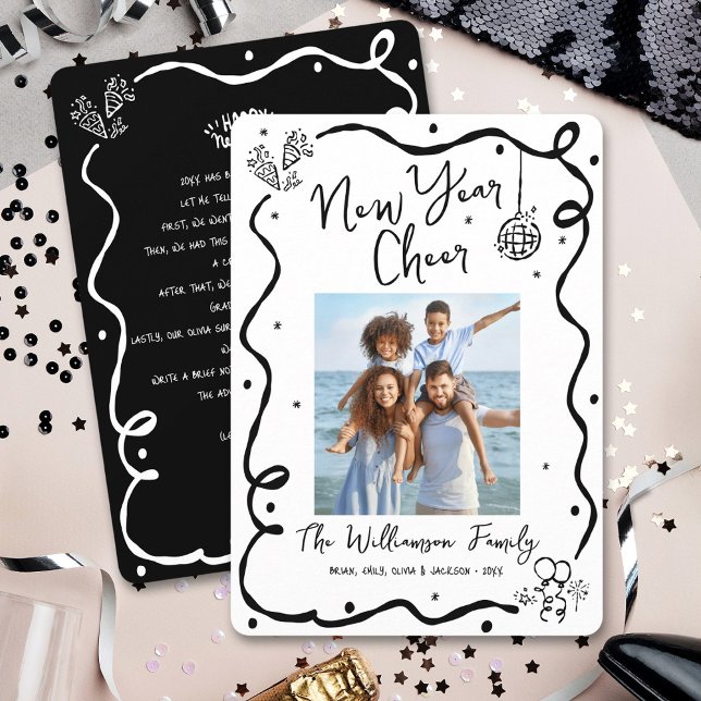 Tarjeta Festiva Black White New Year Cheer Photo Hand Drawn Doodle (Subido por el creador)