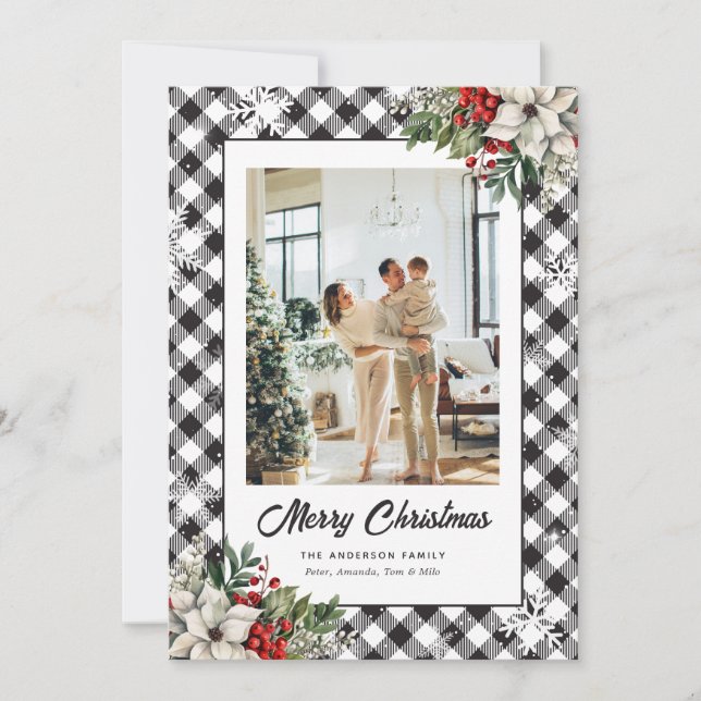 Tarjeta Festiva Black White Plaid Botanical Photo Christmas Card (Anverso)