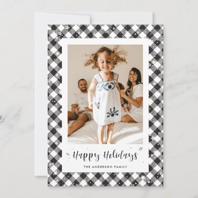 Tarjeta Festiva Black White Plaid Photo Happy Holidays Card (Anverso)