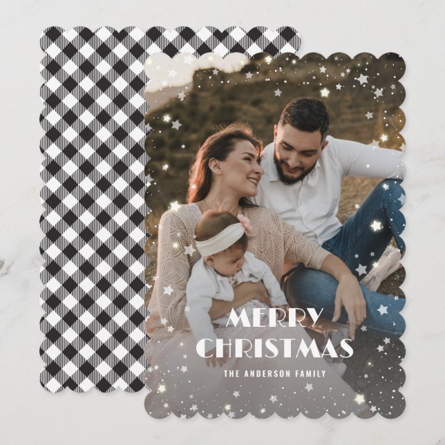 Tarjeta Festiva Black White Plaid Snow Stars de nieve Foto Feliz N (Anverso / Reverso)