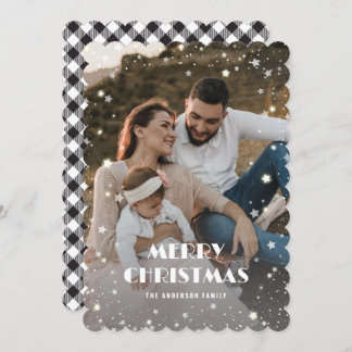 Tarjeta Festiva Black White Plaid Snow Stars de nieve Foto Feliz N