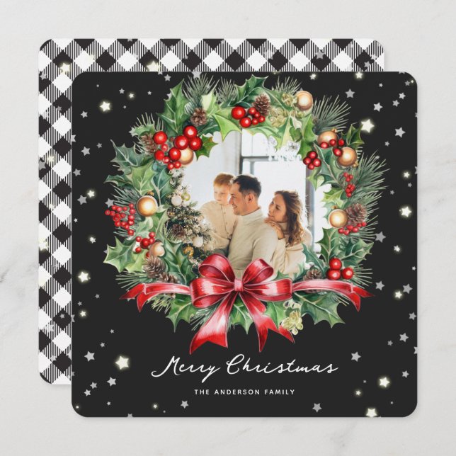 Tarjeta Festiva Black White Plaid Wreath Photo Merry Christmas (Anverso / Reverso)