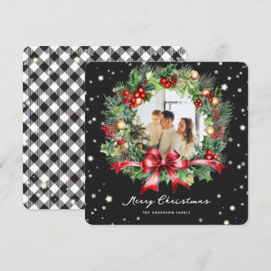 Tarjeta Festiva Black White Plaid Wreath Photo Merry Christmas