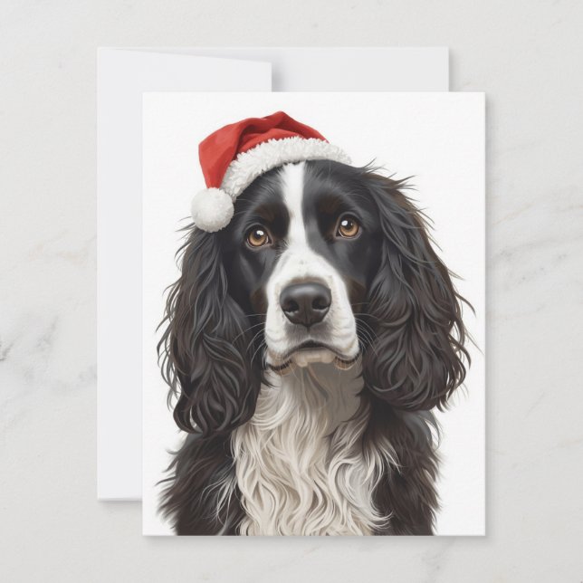 Tarjeta Festiva Black & White Spaniel Santa Hat Xmas Art (Anverso)
