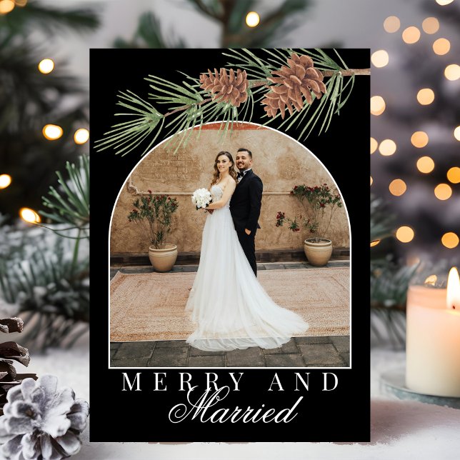 Tarjeta Festiva Black Winter Pine Merry & Married Photo Christmas (Subido por el creador)