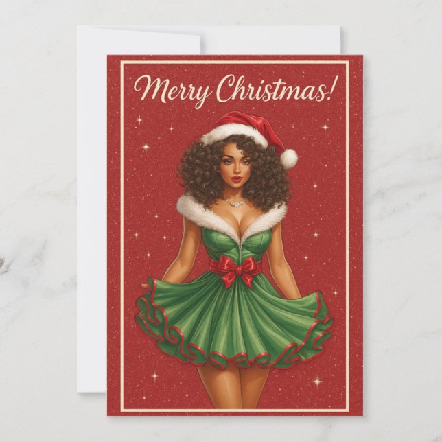 Tarjeta Festiva Black Woman Curly-Haired Santa Beauty (Anverso)