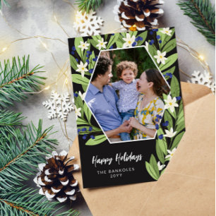 Tarjeta Festiva Blancas flores azules bayas hexágono Felices Fiest