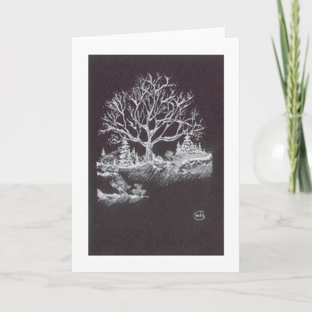 Tarjeta Festiva Blanco en el dibujo negro del paisaje del invierno (Anverso)