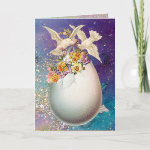 TARJETA FESTIVA BLANCO, HUEVO ORIENTAL Y FLORES AMARILLOS EN AZUL