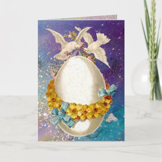 TARJETA FESTIVA BLANCO, HUEVO ORIENTAL Y FLORES AMARILLOS EN AZUL (Anverso)