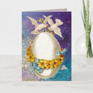 TARJETA FESTIVA BLANCO, HUEVO ORIENTAL Y FLORES AMARILLOS EN AZUL