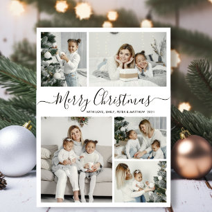 Tarjeta Festiva Blanco negro simple 5 Navidades de Collage de foto