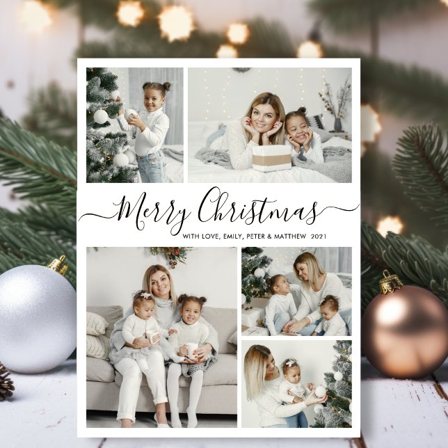 Tarjeta Festiva Blanco negro simple 5 Navidades de Collage de foto (Subido por el creador)