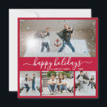 Tarjeta Festiva Blanco Rojo Simple 4 Collage de fotos Feliz<br><div class="desc">Elegante caligrafía, Minimalista rojo y blanco 4 Collages de fotos Happy Script Card. Esta festividad, simple tarjeta de cuatro (4) Navidades de fotos de vacaciones incluye un collage de fotos de bonitos y dice "¡Felices Fiestas!" El texto de bienvenida de "Happy Holidays" está escrito en un hermoso tipo de letra...</div>