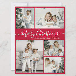 Tarjeta Festiva Blanco Rojo Simple 5 Navidades de Collage de fotos