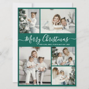 Tarjeta Festiva Blanco verde simple 5 Navidades de Collage de foto