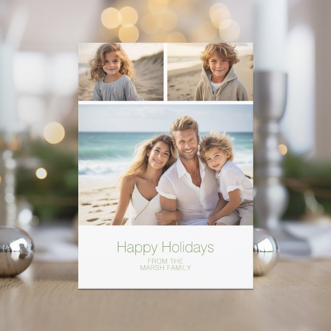 Tarjeta Festiva Blanco verde Zen Arch - 3 fotos - Feliz (Zen Arch Design - Minimal Holiday Card - 3 Photos)