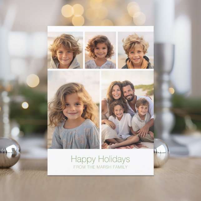 Tarjeta Festiva Blanco verde Zen Arch - 5 fotos - Feliz (Zen Arch Design - Minimal Holiday Card - 5 Photos)