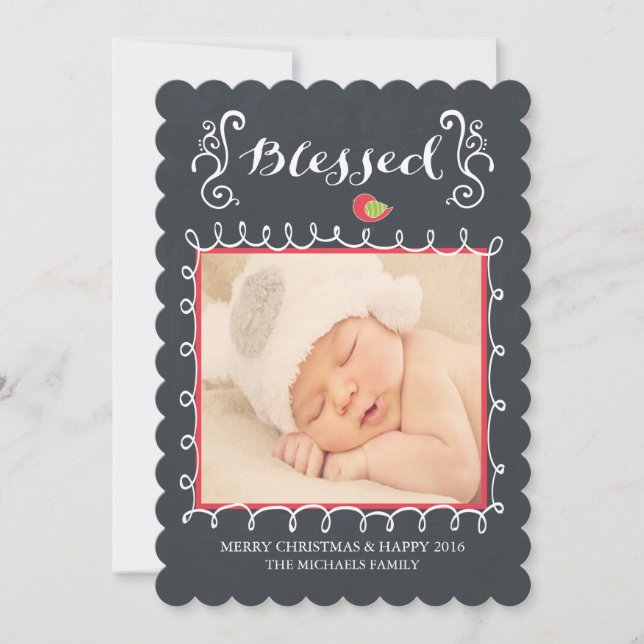 Tarjeta Festiva Blessed Chalkboard Family Holiday Photo Card (Anverso)