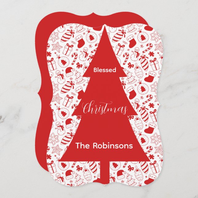 Tarjeta Festiva Blessed Christmas Red Christmas Tree Doodle Art (Anverso / Reverso)