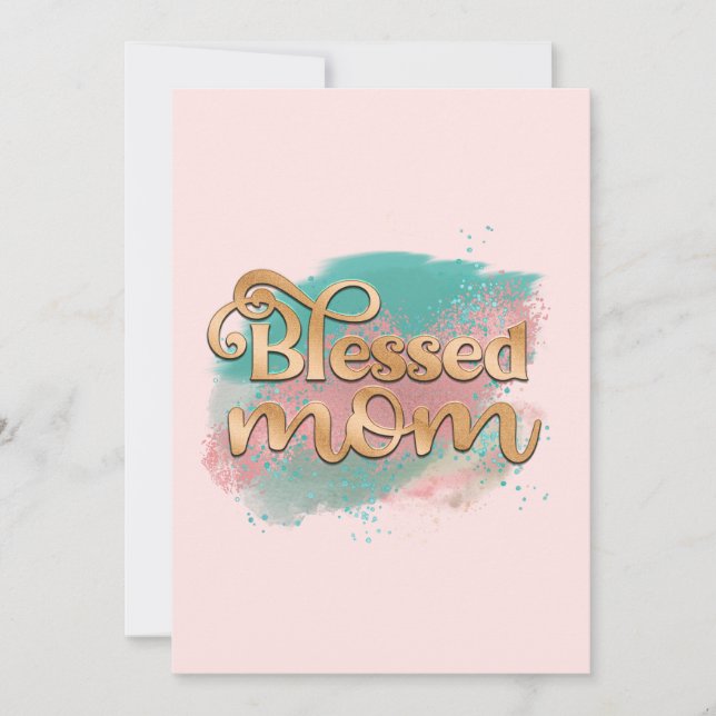 Tarjeta Festiva Blessed Mom Verde azulada Pink and Gold Purpurina  (Anverso)