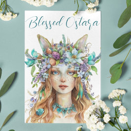 Tarjeta Festiva Blessed Ostara Eostre Spring Equinox Verde azulado