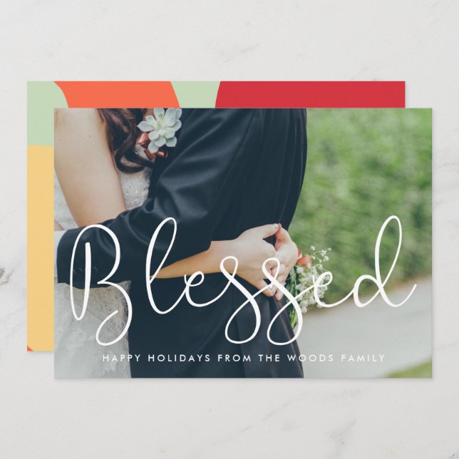 Tarjeta Festiva Blessed Whimsical Script Photo Navidades (Anverso / Reverso)
