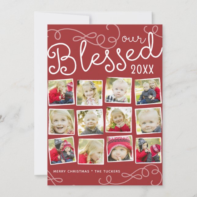 Tarjeta Festiva Blessed Year Collage Christmas Photo Card in Red (Anverso)